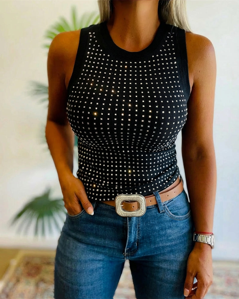 Embellished Rhinestone O-Neck Sleeveless Slim Ribbed Tank Top
