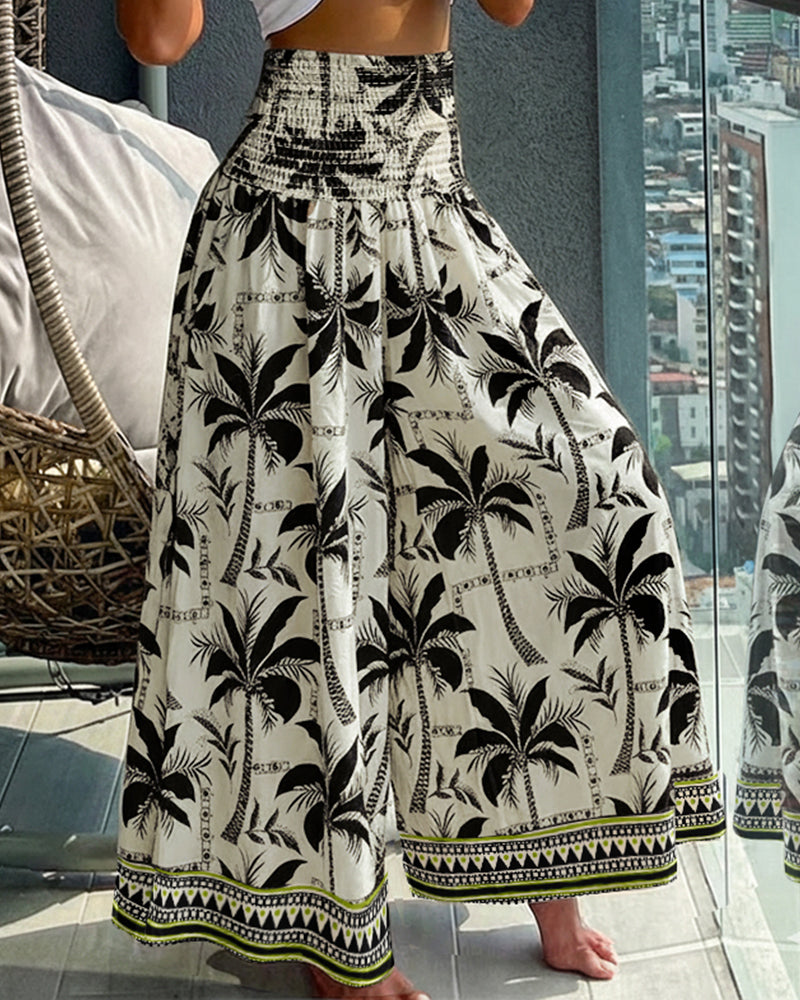 Vintage-Inspired Floral Shirred High-Waist Wide-Leg Pants