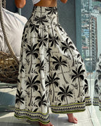 Vintage-Inspired Floral Shirred High-Waist Wide-Leg Pants