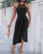 Textured Criss Cross Halter Knit Dress with Front Slit