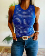 Embellished Rhinestone O-Neck Sleeveless Slim Ribbed Tank Top