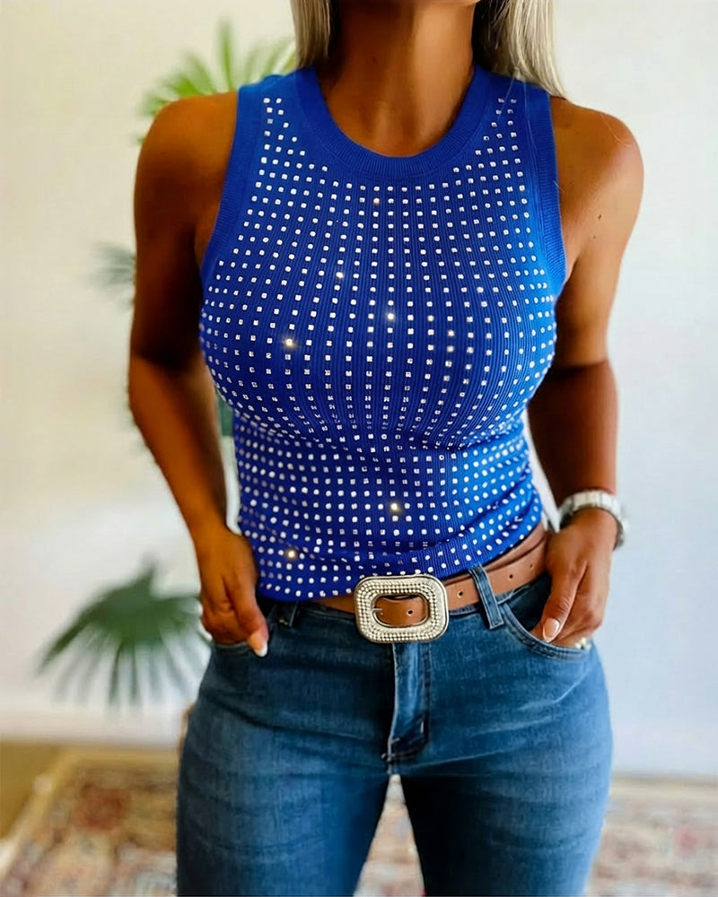 Embellished Rhinestone O-Neck Sleeveless Slim Ribbed Tank Top