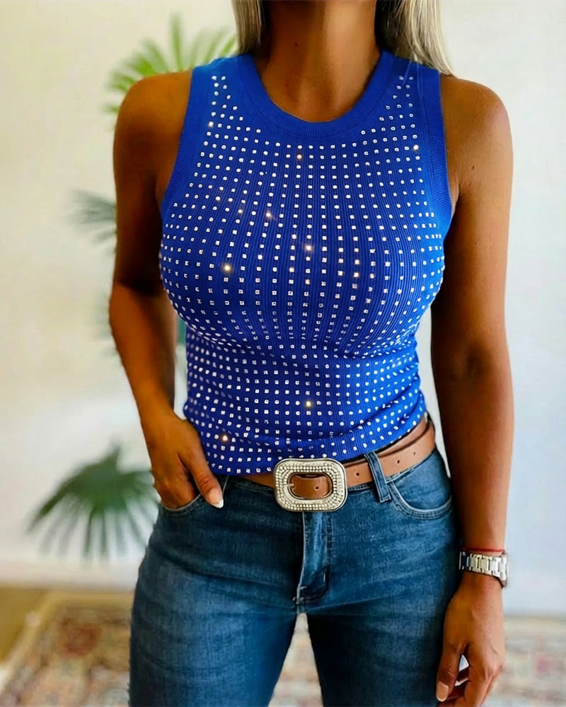 Embellished Rhinestone O-Neck Sleeveless Slim Ribbed Tank Top