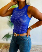 Embellished Rhinestone O-Neck Sleeveless Slim Ribbed Tank Top
