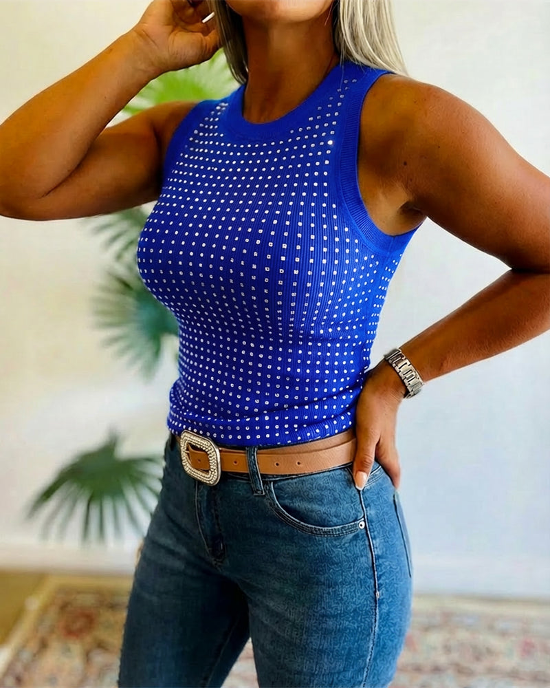 Embellished Rhinestone O-Neck Sleeveless Slim Ribbed Tank Top