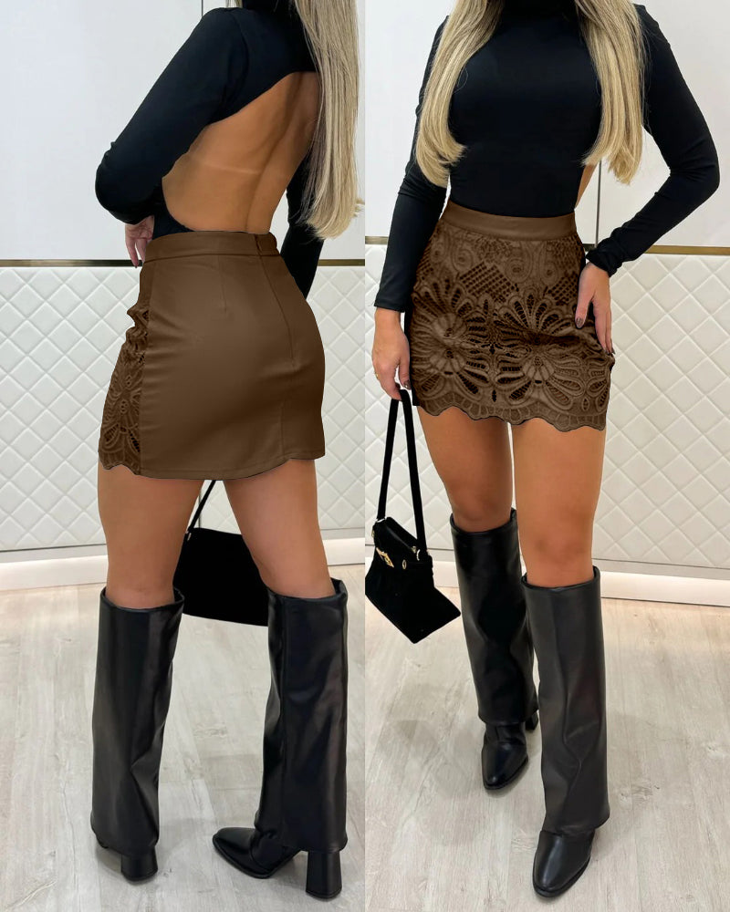 PU Leather Zip-Back Hollow-Out Patterned Bodycon Skirt