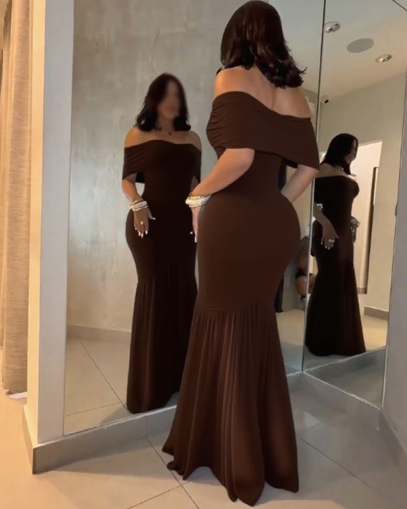 Off-Shoulder Ruched Waist Mermaid Evening Gown
