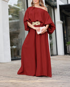 Lantern Sleeve Top and Wide Leg Pants Set with Zipper