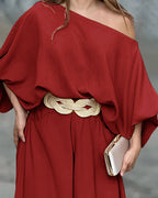 Lantern Sleeve Top and Wide Leg Pants Set with Zipper