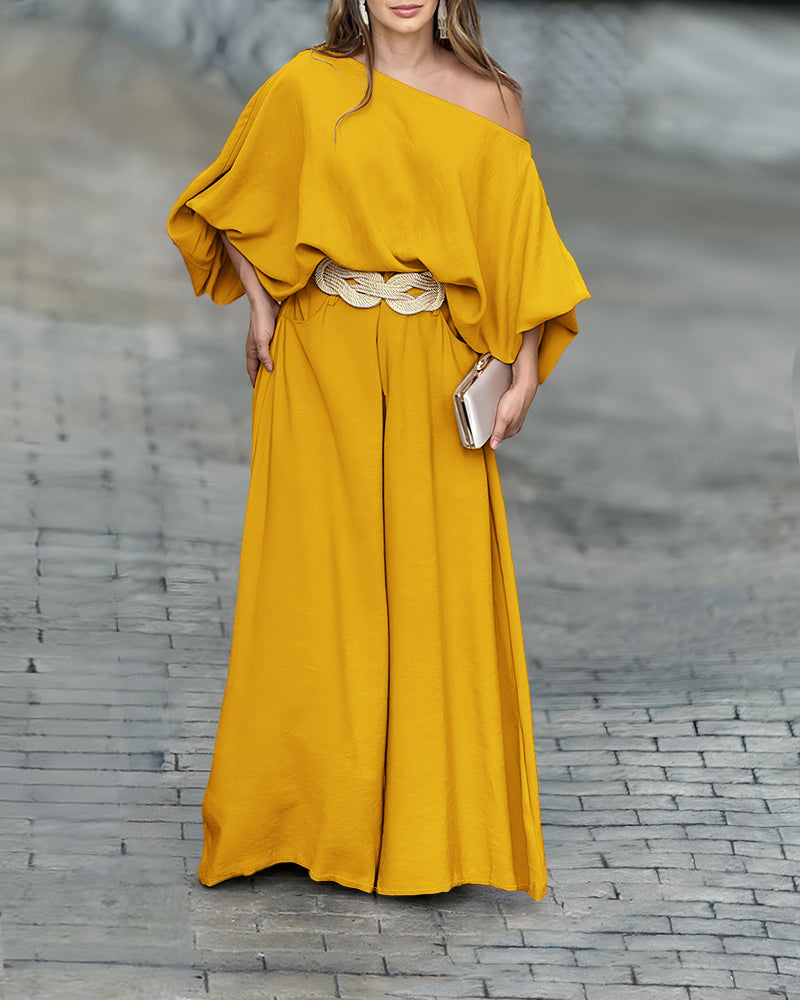 Lantern Sleeve Top and Wide Leg Pants Set with Zipper