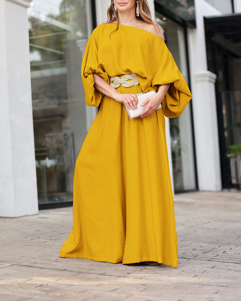 Lantern Sleeve Top and Wide Leg Pants Set with Zipper