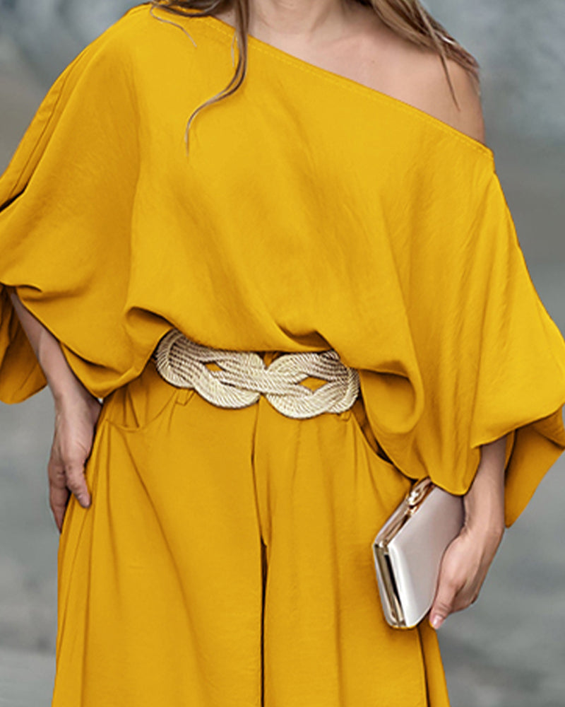 Lantern Sleeve Top and Wide Leg Pants Set with Zipper