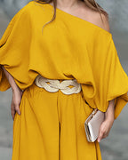 Lantern Sleeve Top and Wide Leg Pants Set with Zipper