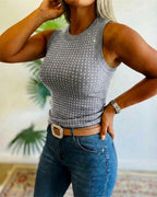 Embellished Rhinestone O-Neck Sleeveless Slim Ribbed Tank Top