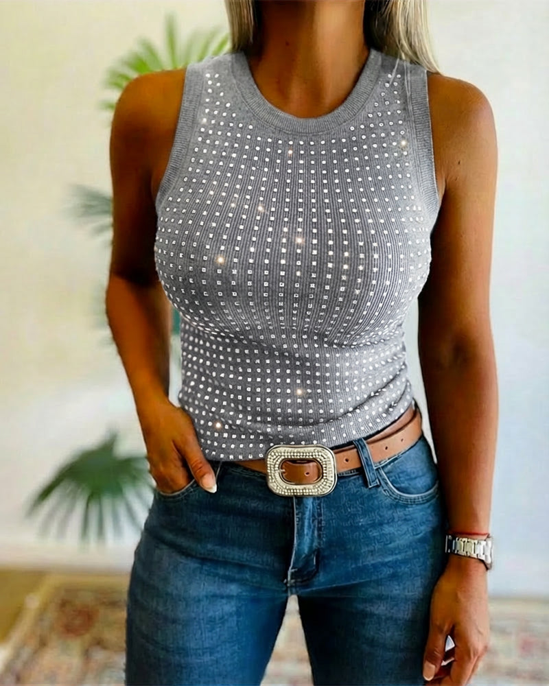 Embellished Rhinestone O-Neck Sleeveless Slim Ribbed Tank Top
