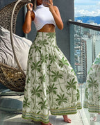 Vintage-Inspired Floral Shirred High-Waist Wide-Leg Pants