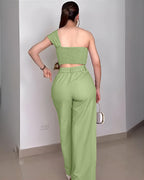 One-Shoulder Rhinestone Floral Crop Top with High-Waisted Pants Set