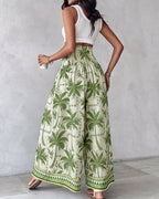 Vintage-Inspired Floral Shirred High-Waist Wide-Leg Pants