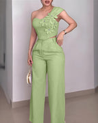 One-Shoulder Rhinestone Floral Crop Top with High-Waisted Pants Set