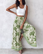 Vintage-Inspired Floral Shirred High-Waist Wide-Leg Pants