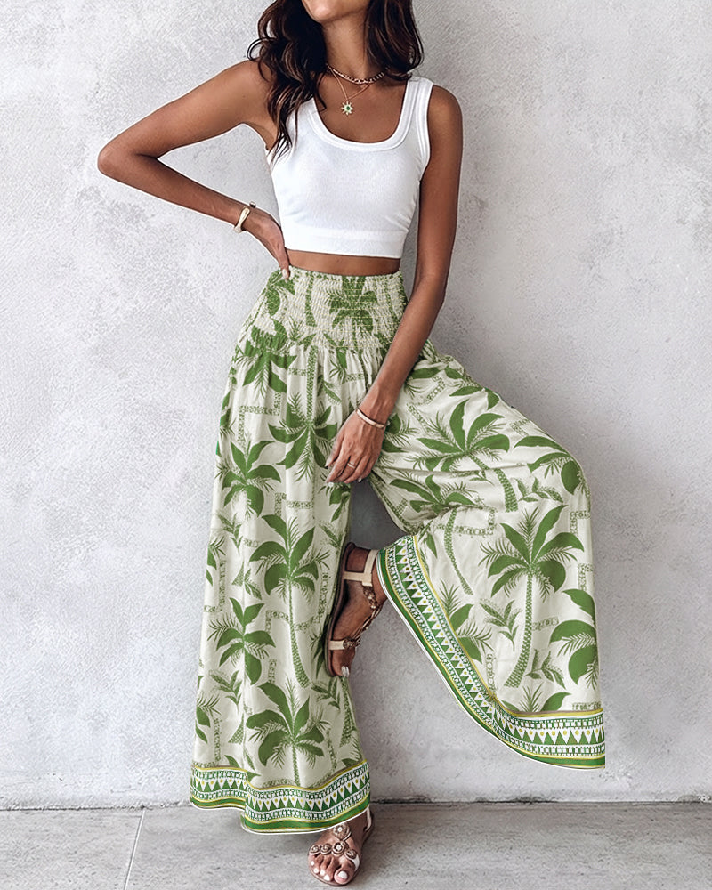 Vintage-Inspired Floral Shirred High-Waist Wide-Leg Pants