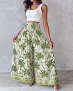 Vintage-Inspired Floral Shirred High-Waist Wide-Leg Pants