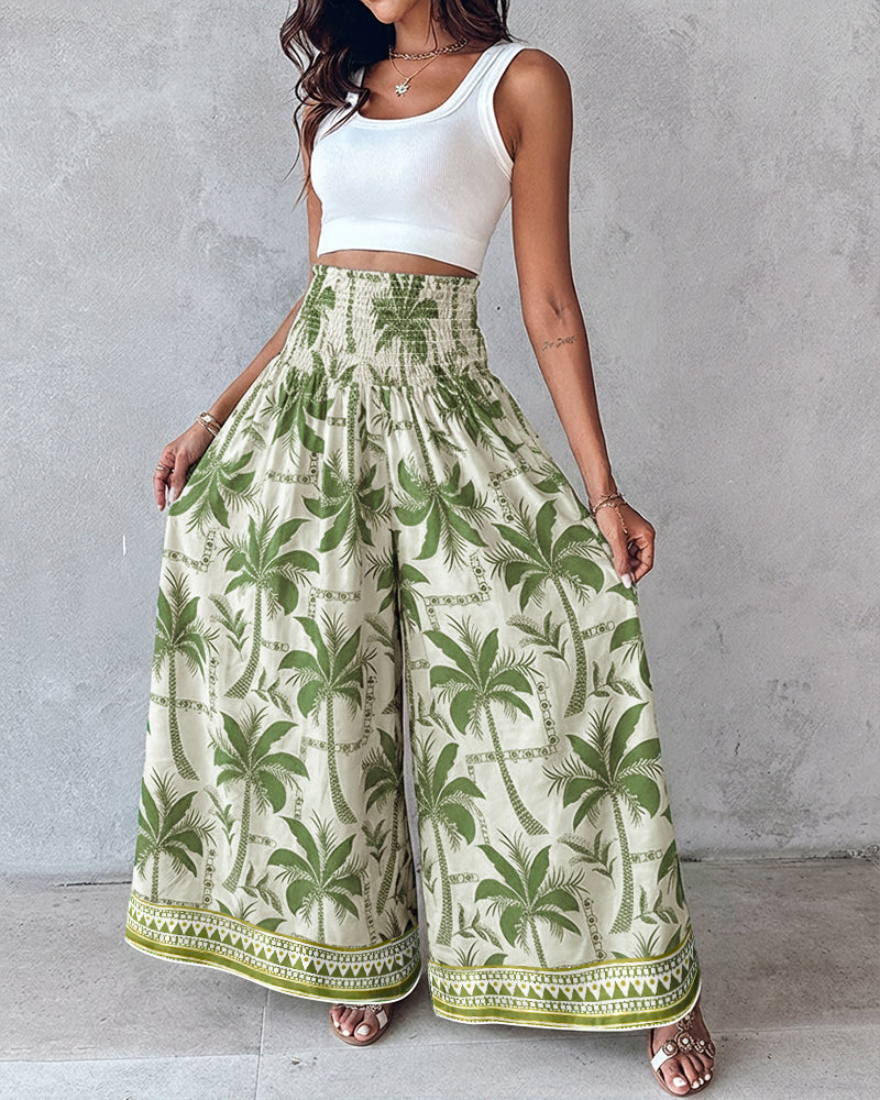 Vintage-Inspired Floral Shirred High-Waist Wide-Leg Pants