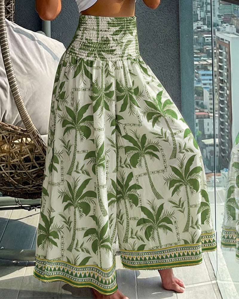 Vintage-Inspired Floral Shirred High-Waist Wide-Leg Pants