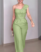 One-Shoulder Rhinestone Floral Crop Top with High-Waisted Pants Set