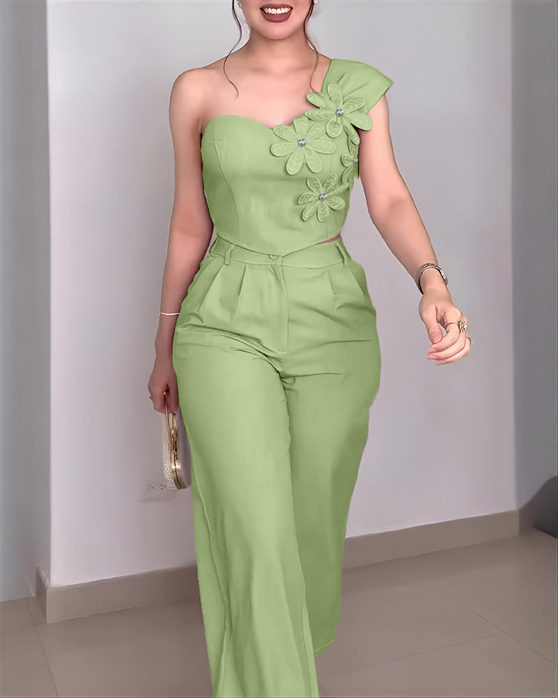 One-Shoulder Rhinestone Floral Crop Top with High-Waisted Pants Set