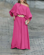 Lantern Sleeve Top and Wide Leg Pants Set with Zipper