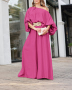 Lantern Sleeve Top and Wide Leg Pants Set with Zipper