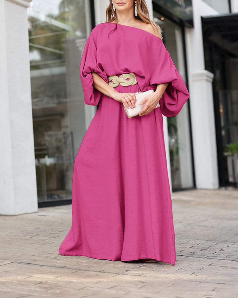 Lantern Sleeve Top and Wide Leg Pants Set with Zipper
