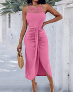 Textured Criss Cross Halter Knit Dress with Front Slit