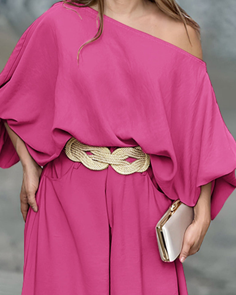 Lantern Sleeve Top and Wide Leg Pants Set with Zipper