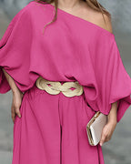 Lantern Sleeve Top and Wide Leg Pants Set with Zipper