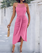 Textured Criss Cross Halter Knit Dress with Front Slit