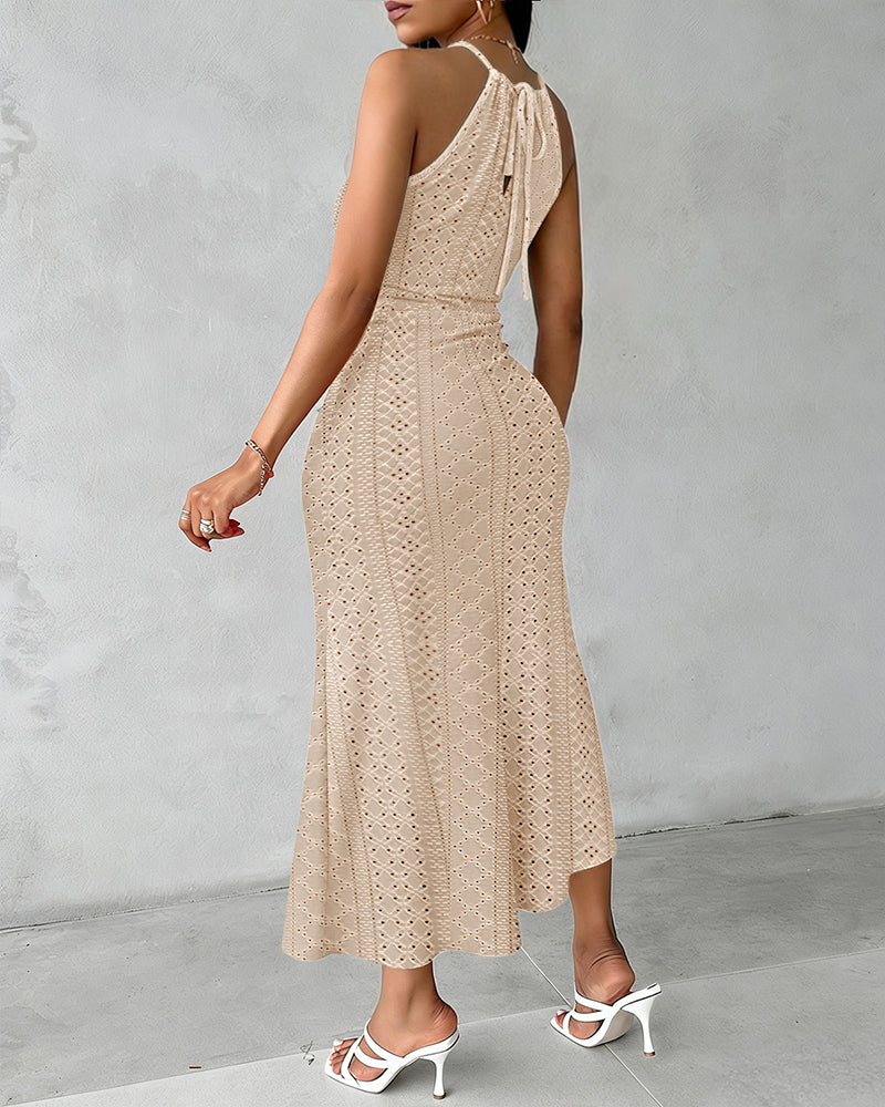 Ruched Halter Dress with Lace Yoke and Adjustable Neckline
