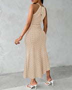 Ruched Halter Dress with Lace Yoke and Adjustable Neckline