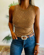 Embellished Rhinestone O-Neck Sleeveless Slim Ribbed Tank Top
