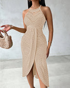 Ruched Halter Dress with Lace Yoke and Adjustable Neckline