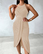 Ruched Halter Dress with Lace Yoke and Adjustable Neckline