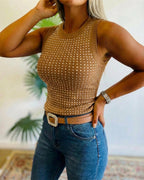 Embellished Rhinestone O-Neck Sleeveless Slim Ribbed Tank Top