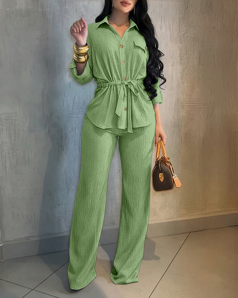Vintage 2-Piece Set: Drawstring Top and Wide-Leg Pants