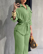 Vintage 2-Piece Set: Drawstring Top and Wide-Leg Pants