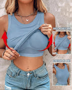 Ribbed Tank Top with Built-In Bra and Round Neck