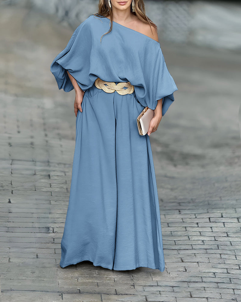 Lantern Sleeve Top and Wide Leg Pants Set with Zipper