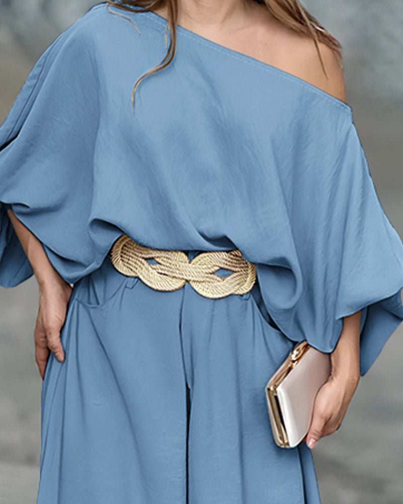 Lantern Sleeve Top and Wide Leg Pants Set with Zipper