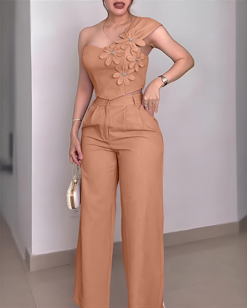 One-Shoulder Rhinestone Floral Crop Top with High-Waisted Pants Set