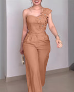 One-Shoulder Rhinestone Floral Crop Top with High-Waisted Pants Set